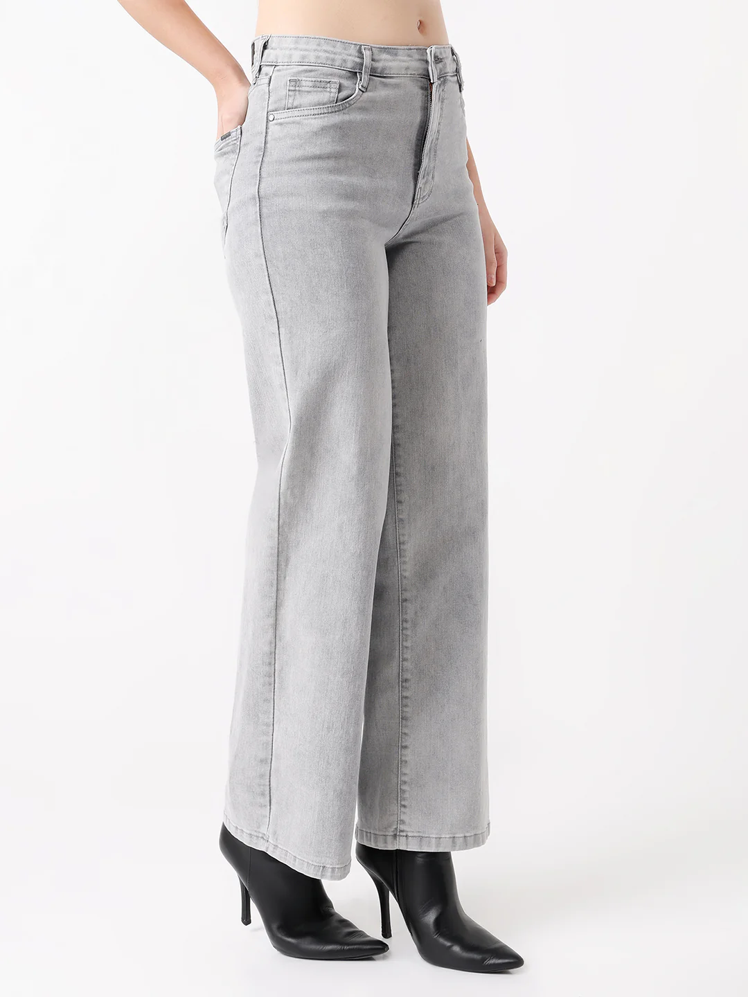 Women Light Grey High-Rise Wide Leg Jeans - Image 5