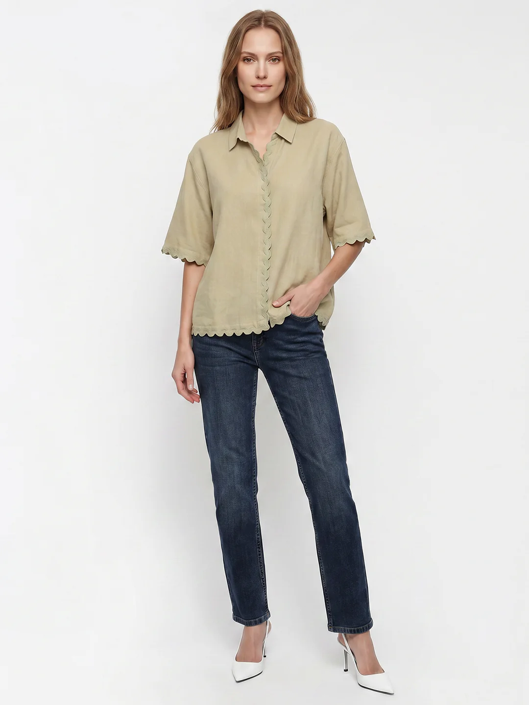 Women Light Olive Crop Shirt - Image 4
