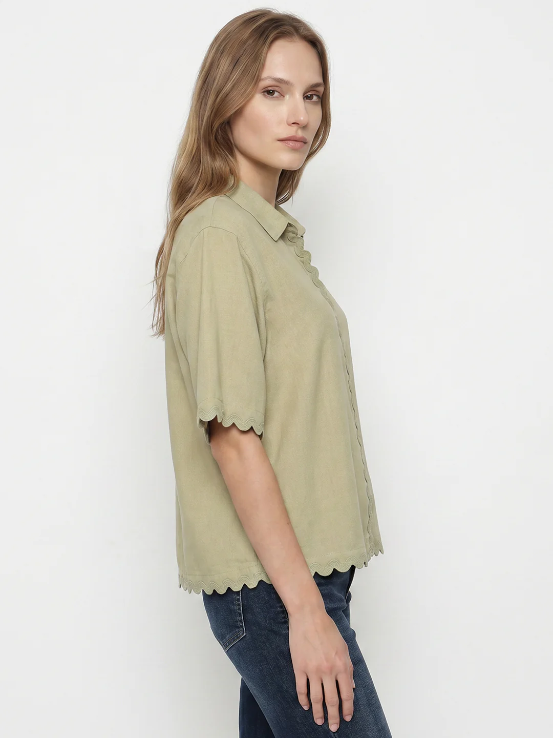 Women Light Olive Crop Shirt - Image 5