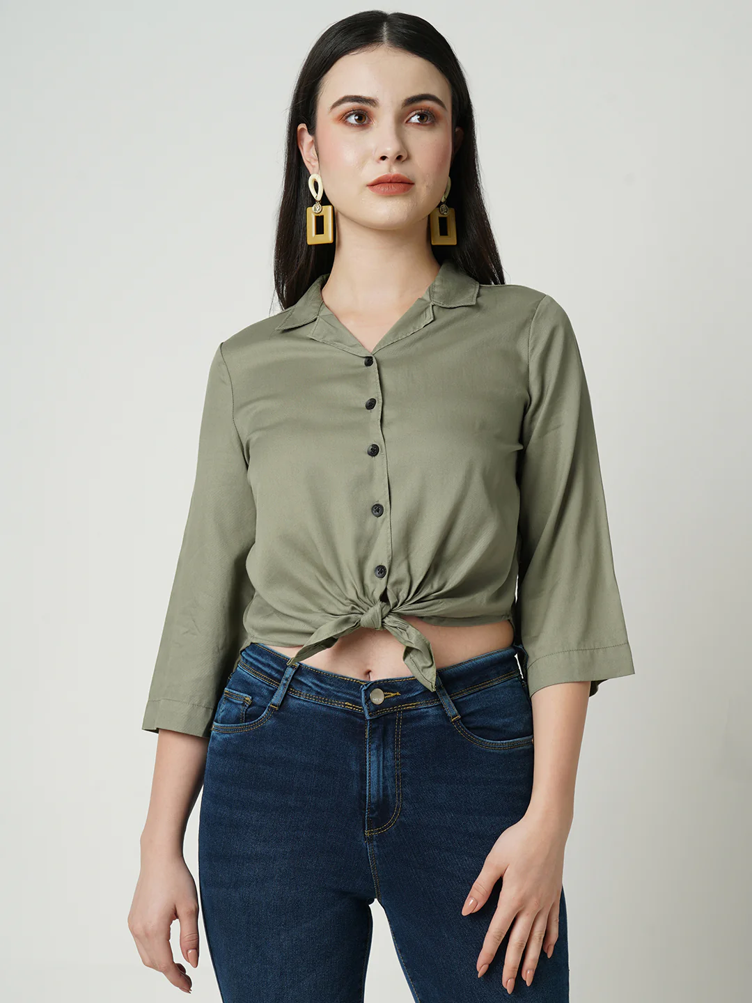 Women Light Olive Crop Shirt - Image 2
