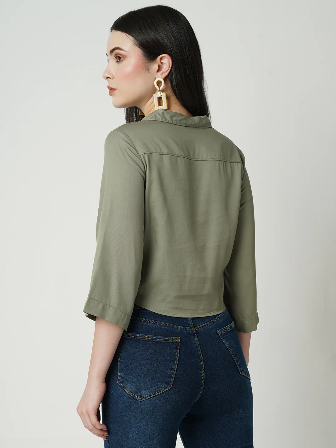Women Light Olive Crop Shirt - Image 3