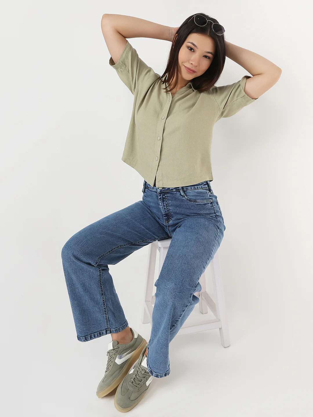 Women Light Olive Crop Shirt