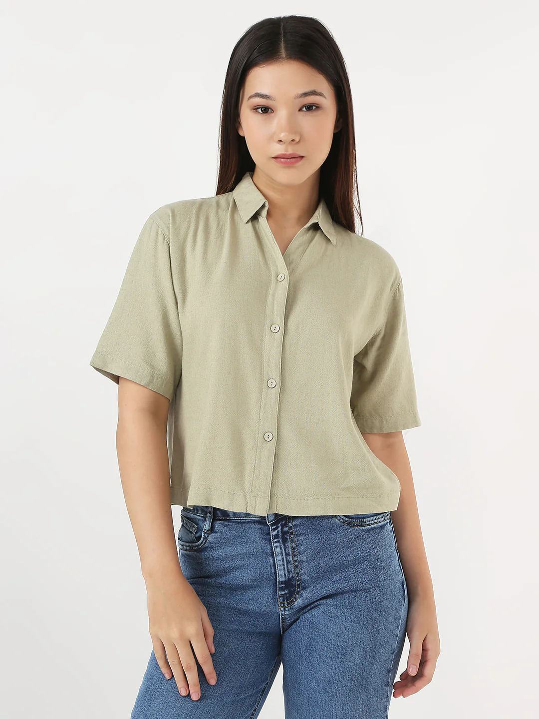 Women Light Olive Crop Shirt - Image 2