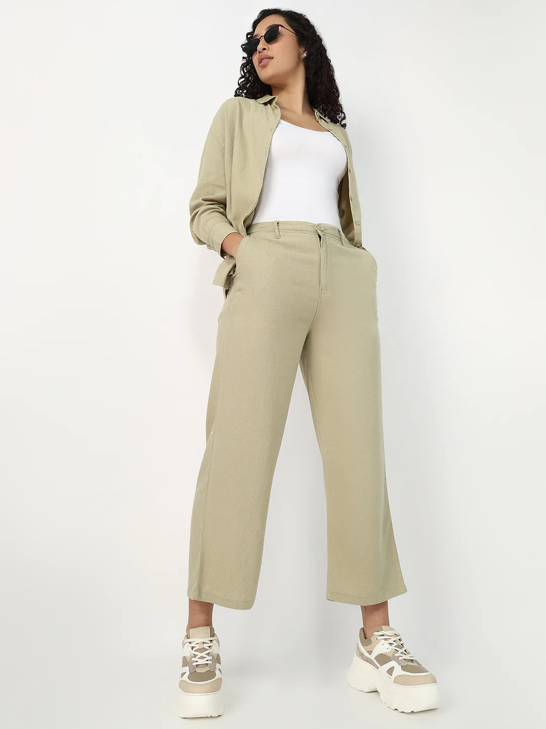Women Light Olive Crop Wide Leg Trousers