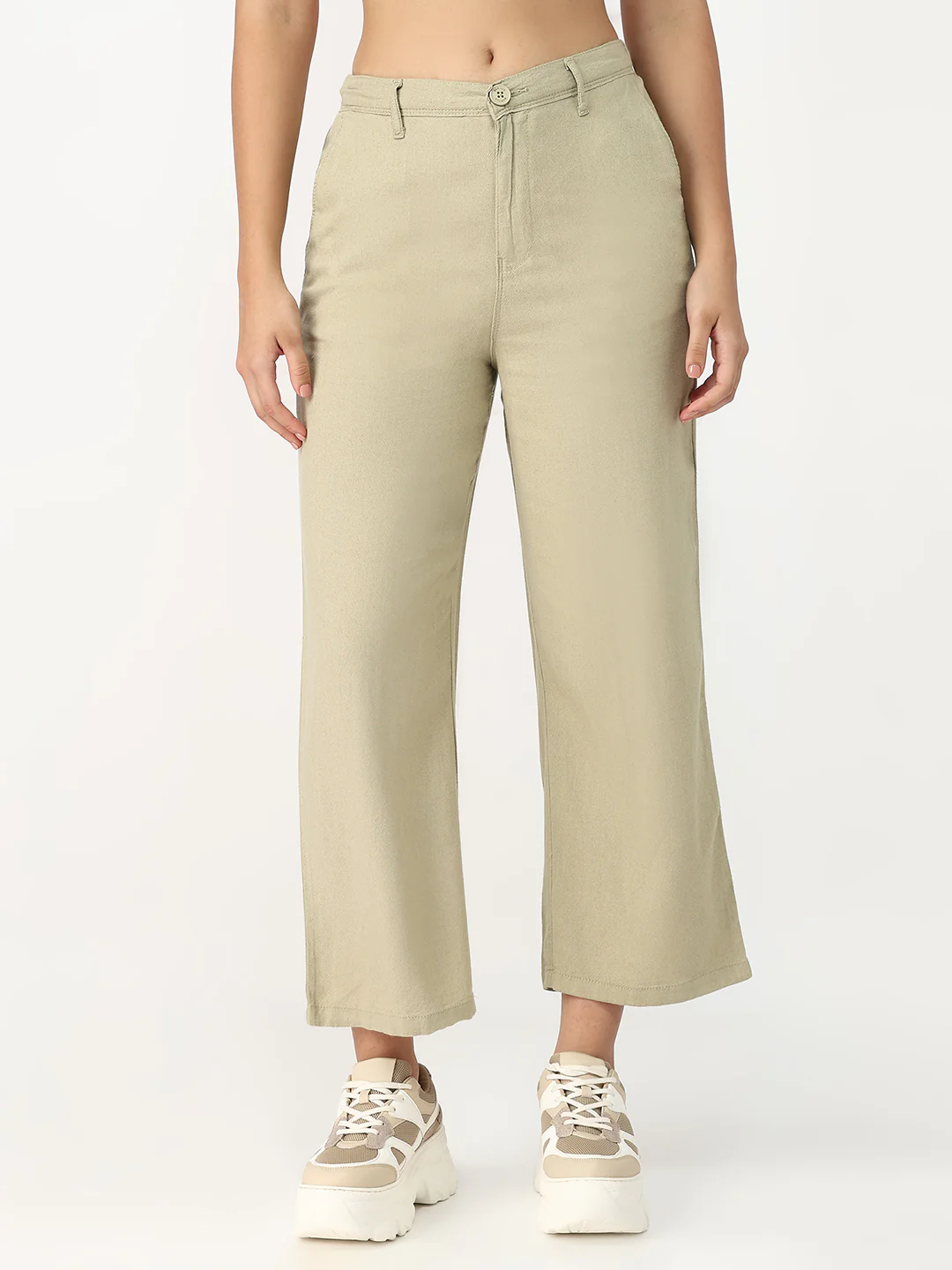 Women Light Olive Crop Wide Leg Trousers - Image 2