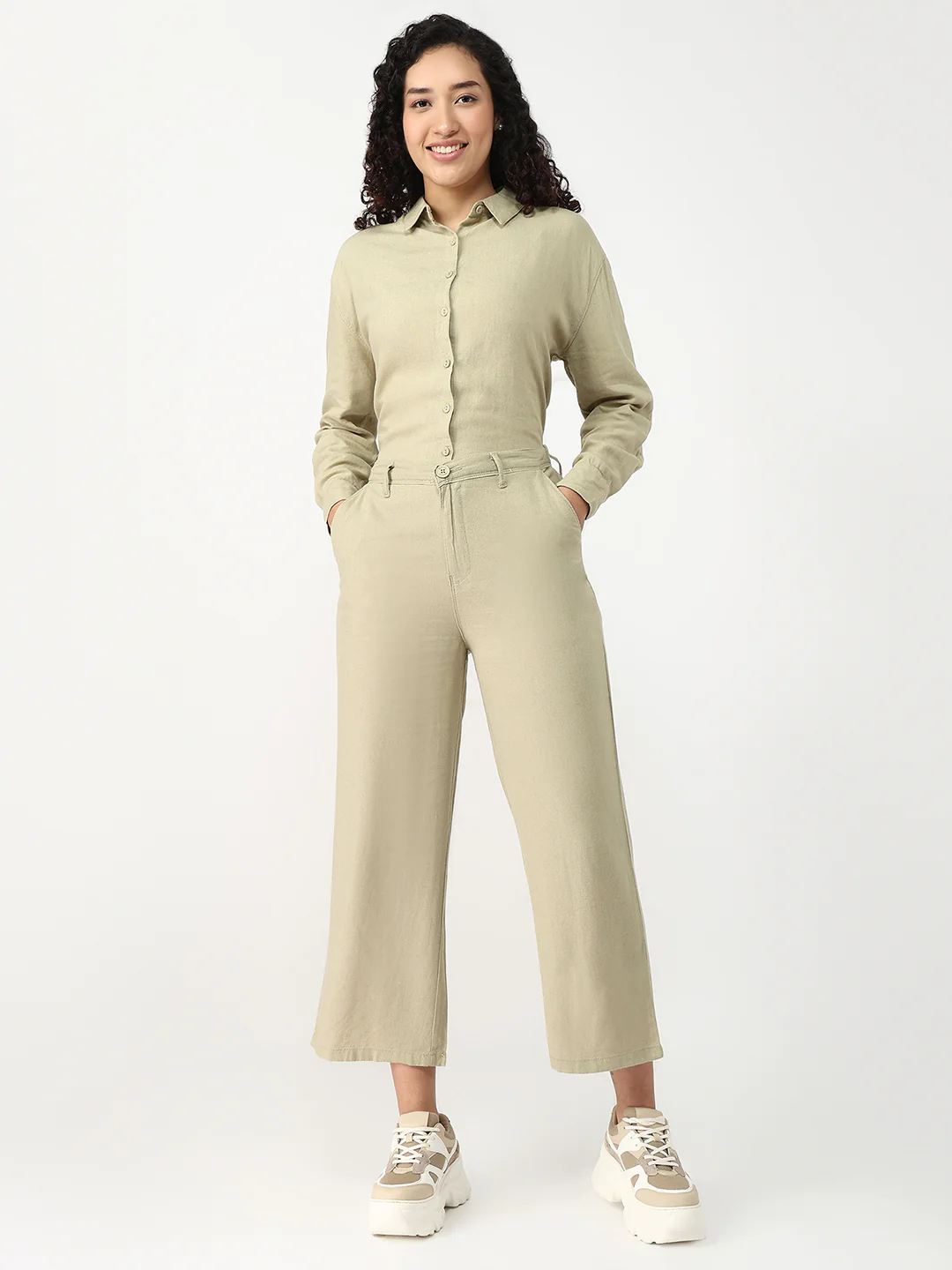 Women Light Olive Crop Wide Leg Trousers - Image 4