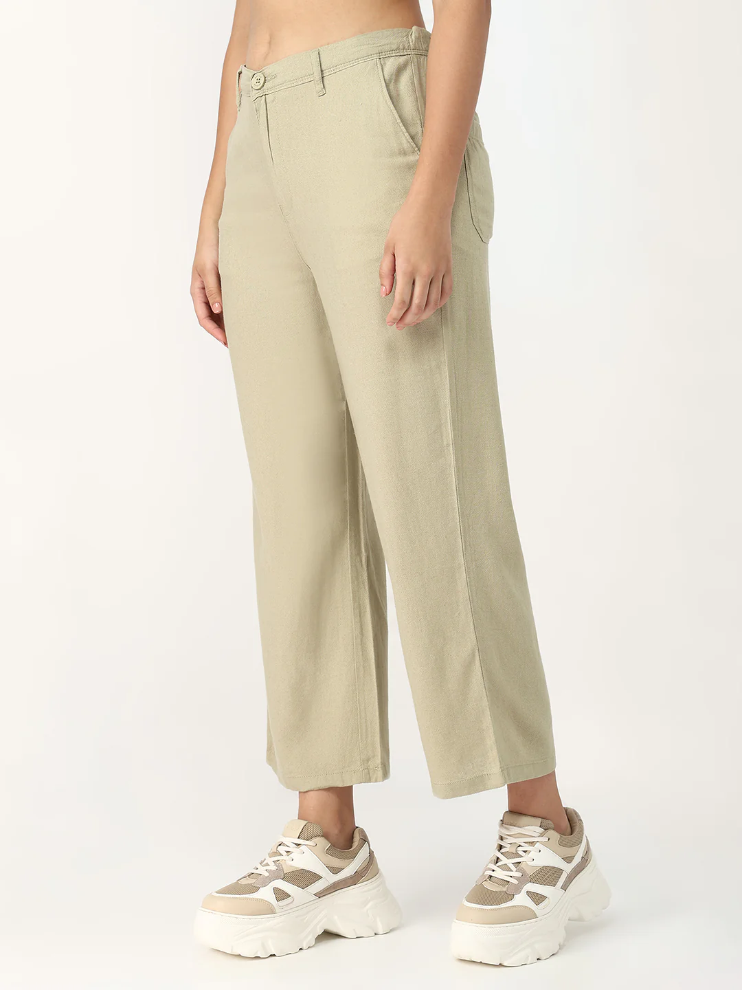Women Light Olive Crop Wide Leg Trousers - Image 5