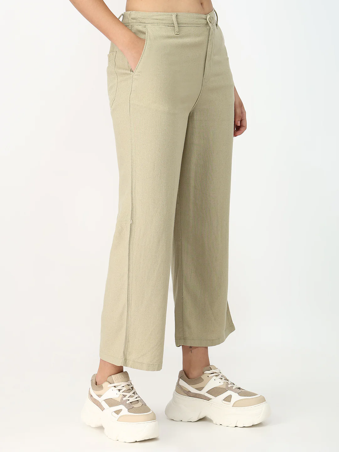 Women Light Olive Crop Wide Leg Trousers - Image 6