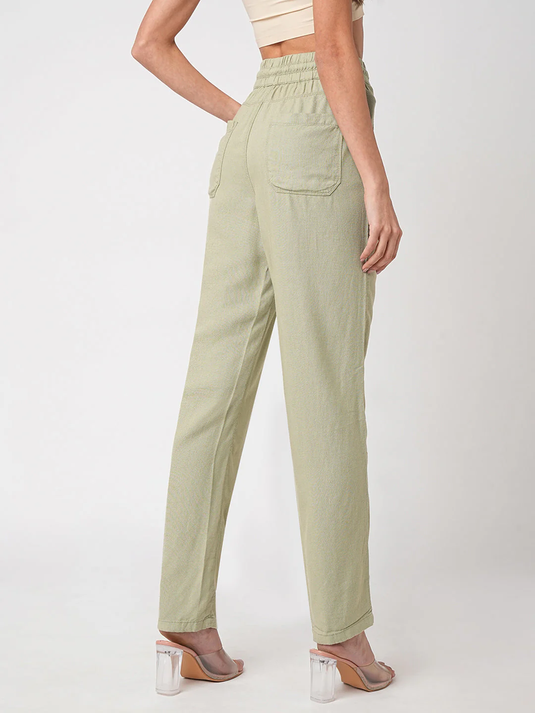 Women Light Olive High-Rise Paper Bag Pants - Image 3