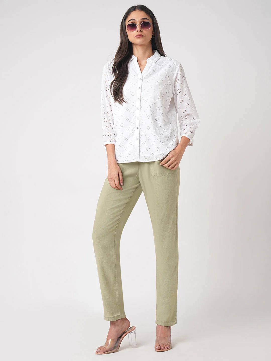 Women Light Olive High-Rise Paper Bag Pants - Image 4