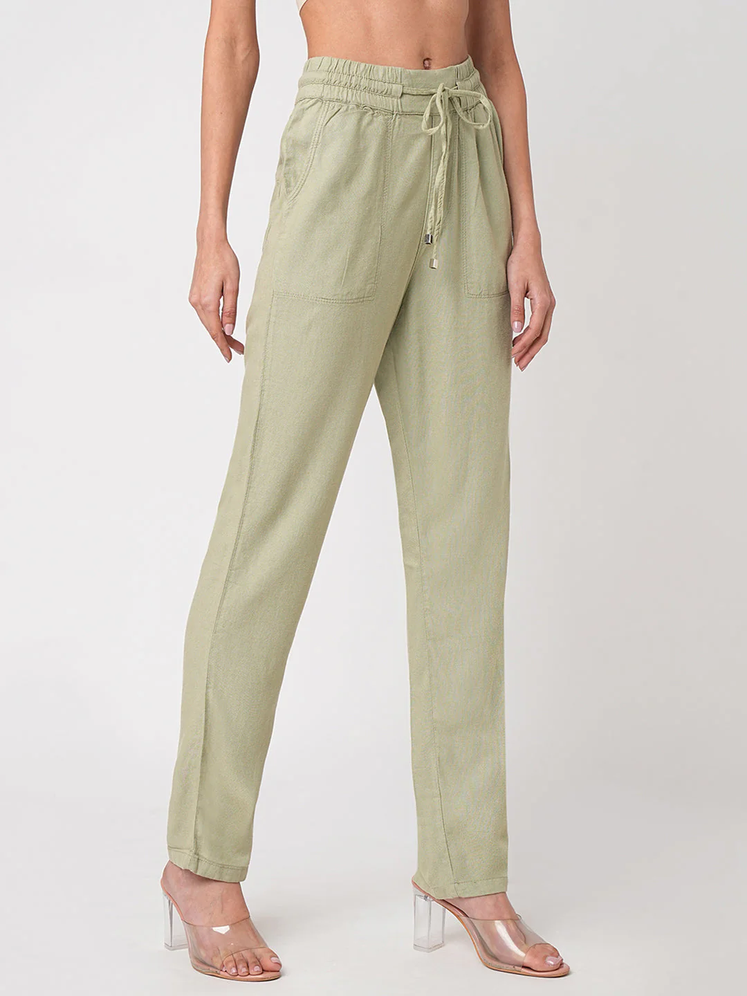 Women Light Olive High-Rise Paper Bag Pants - Image 5
