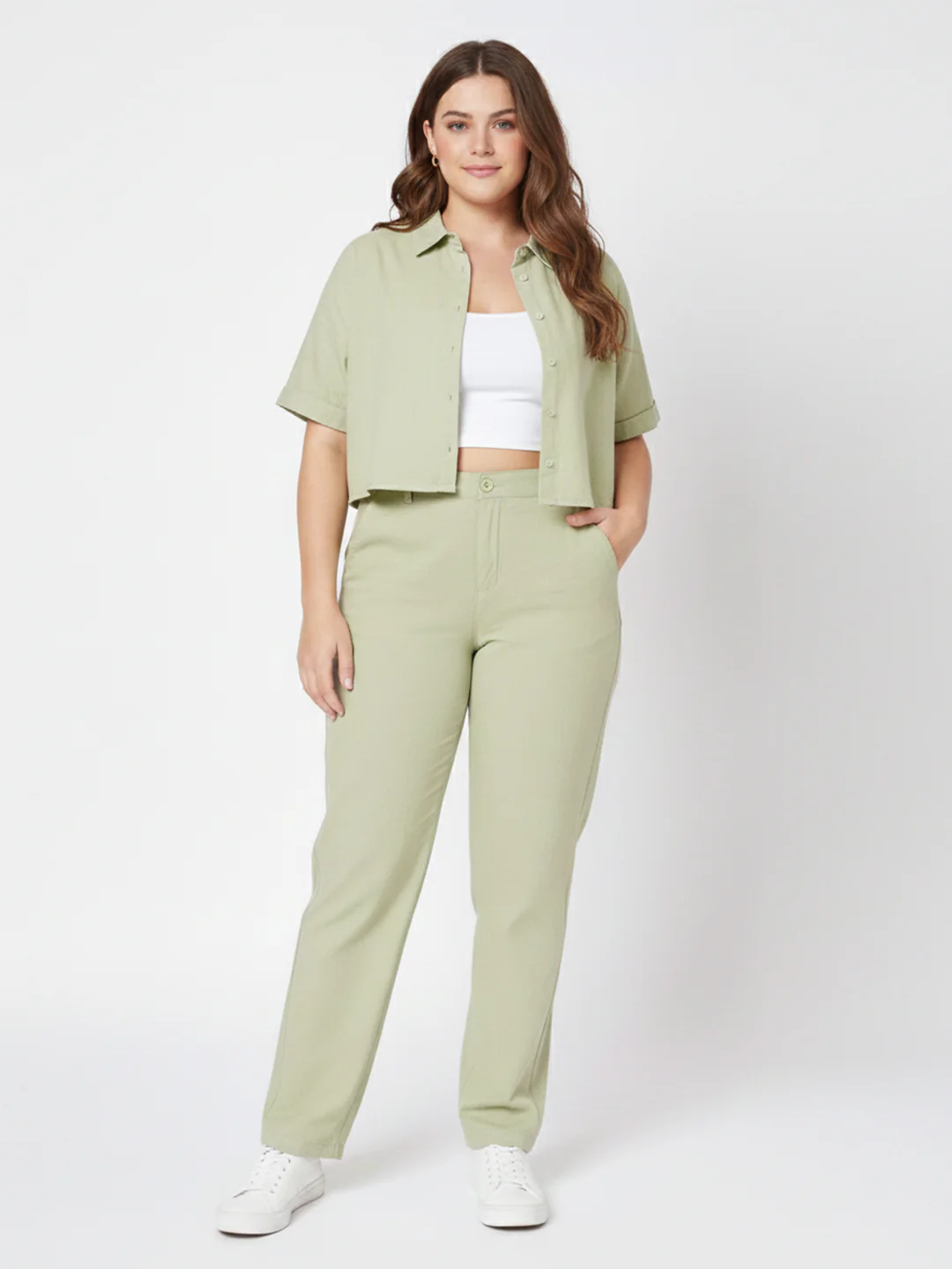 Women Light Olive High-Rise Straight Fit Korean Pants