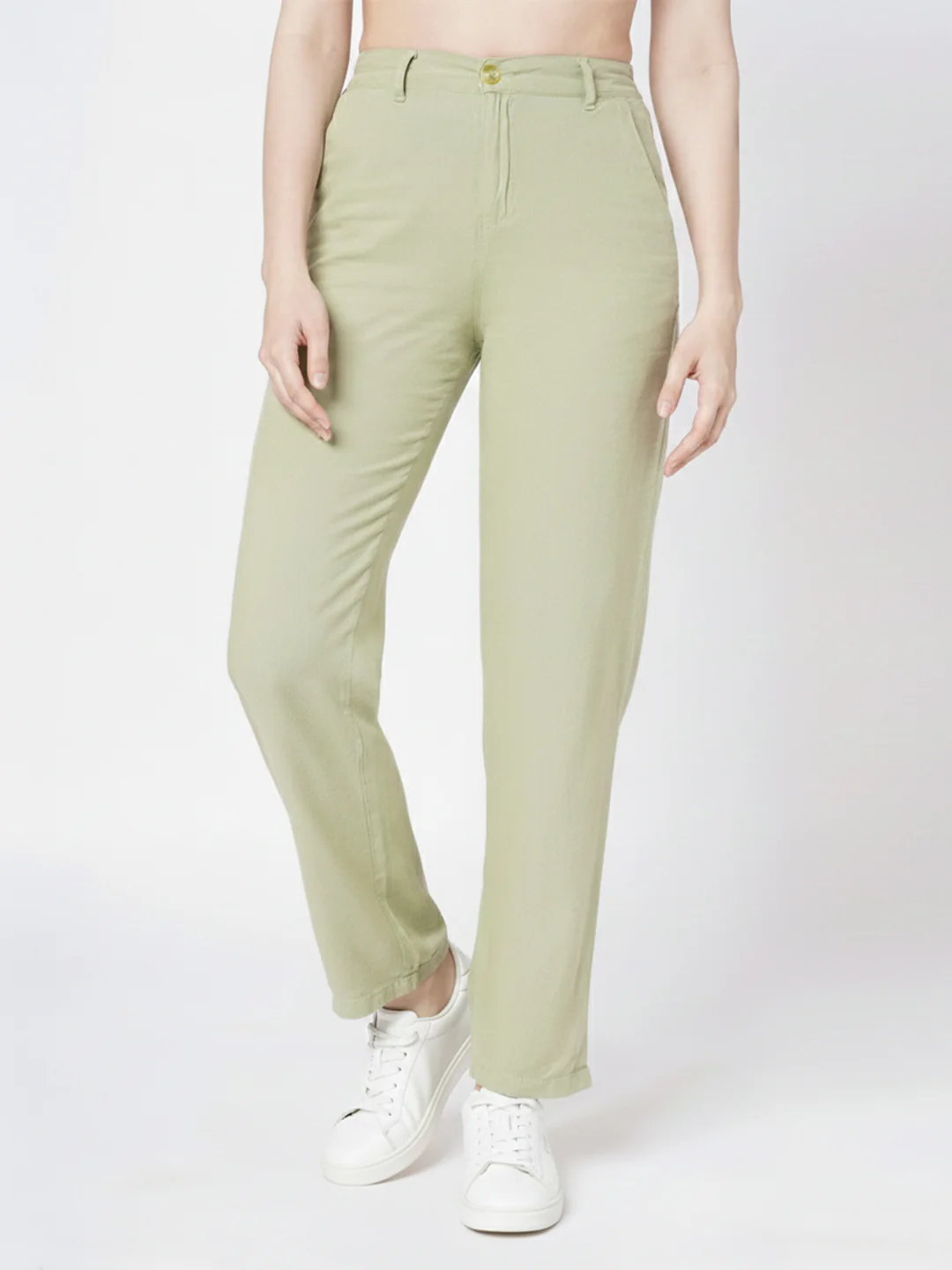 Women Light Olive High-Rise Straight Fit Korean Pants - Image 2