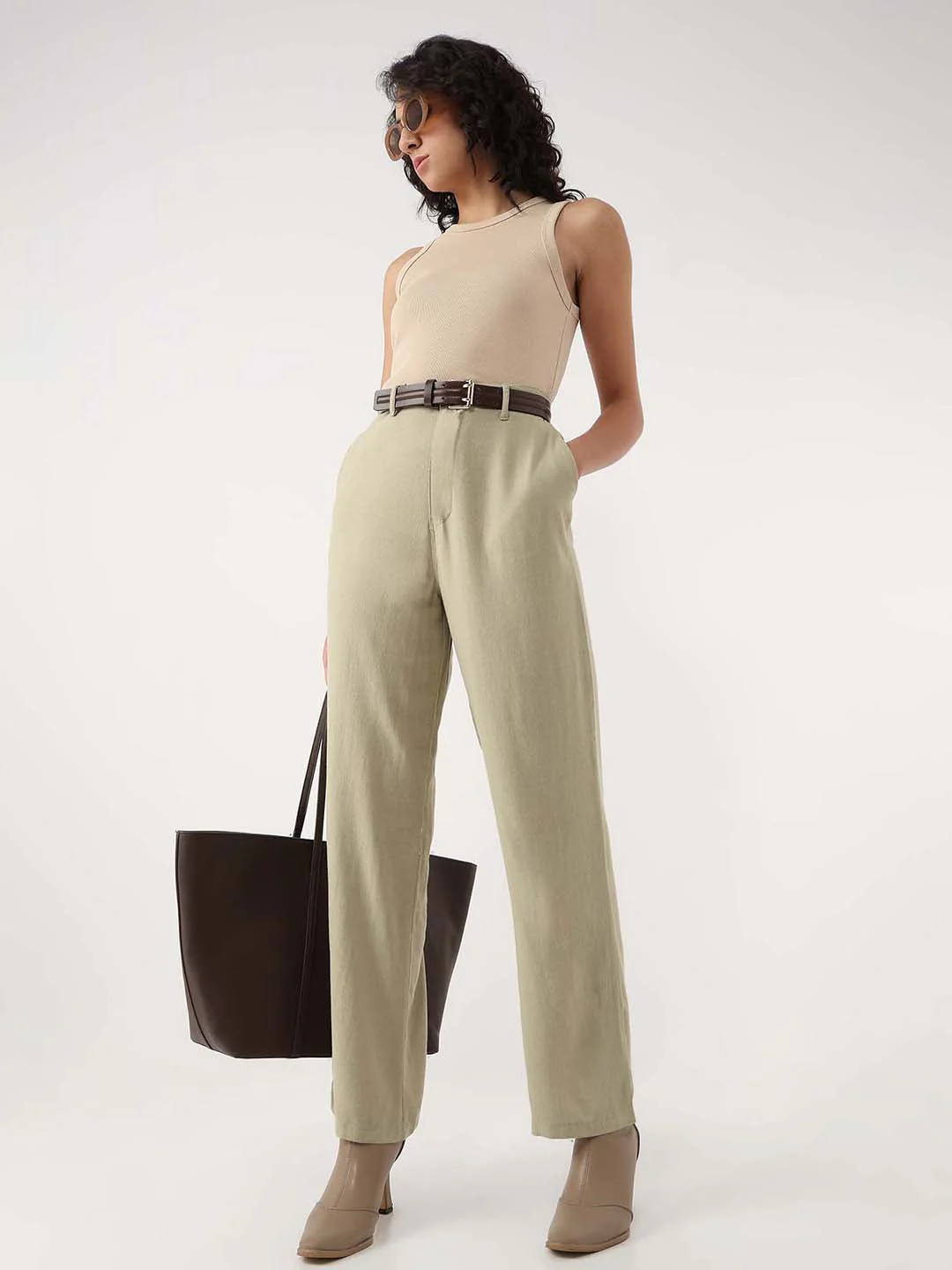 Women Light Olive Loose Straight Korean Pants