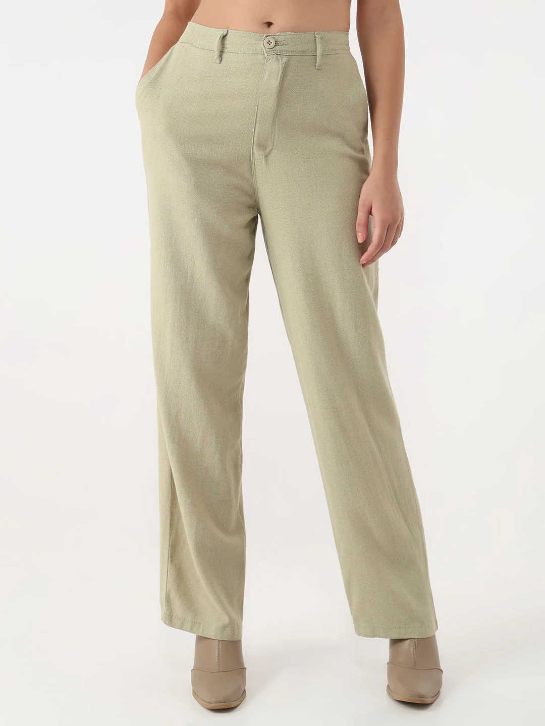 Women Light Olive Loose Straight Korean Pants - Image 2