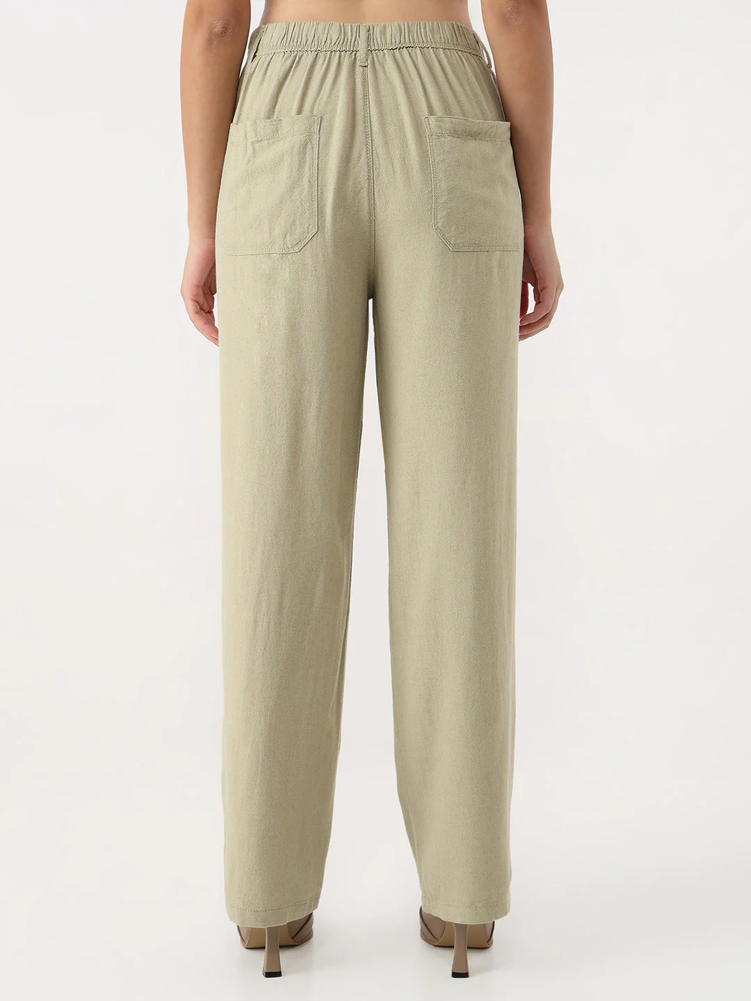 Women Light Olive Loose Straight Korean Pants - Image 3