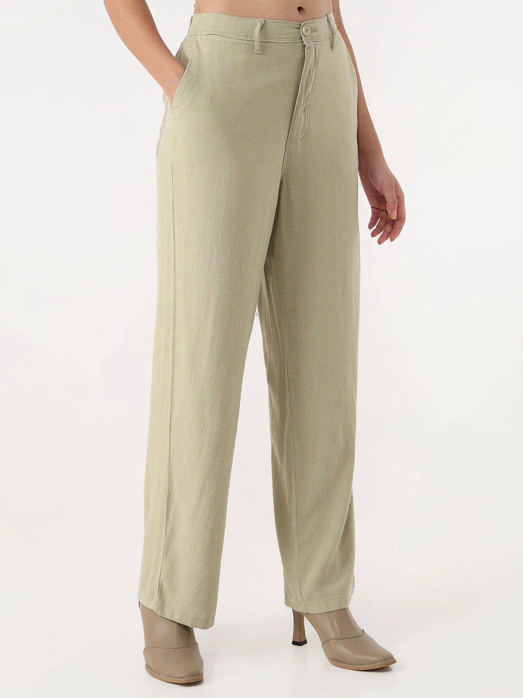 Women Light Olive Loose Straight Korean Pants - Image 4