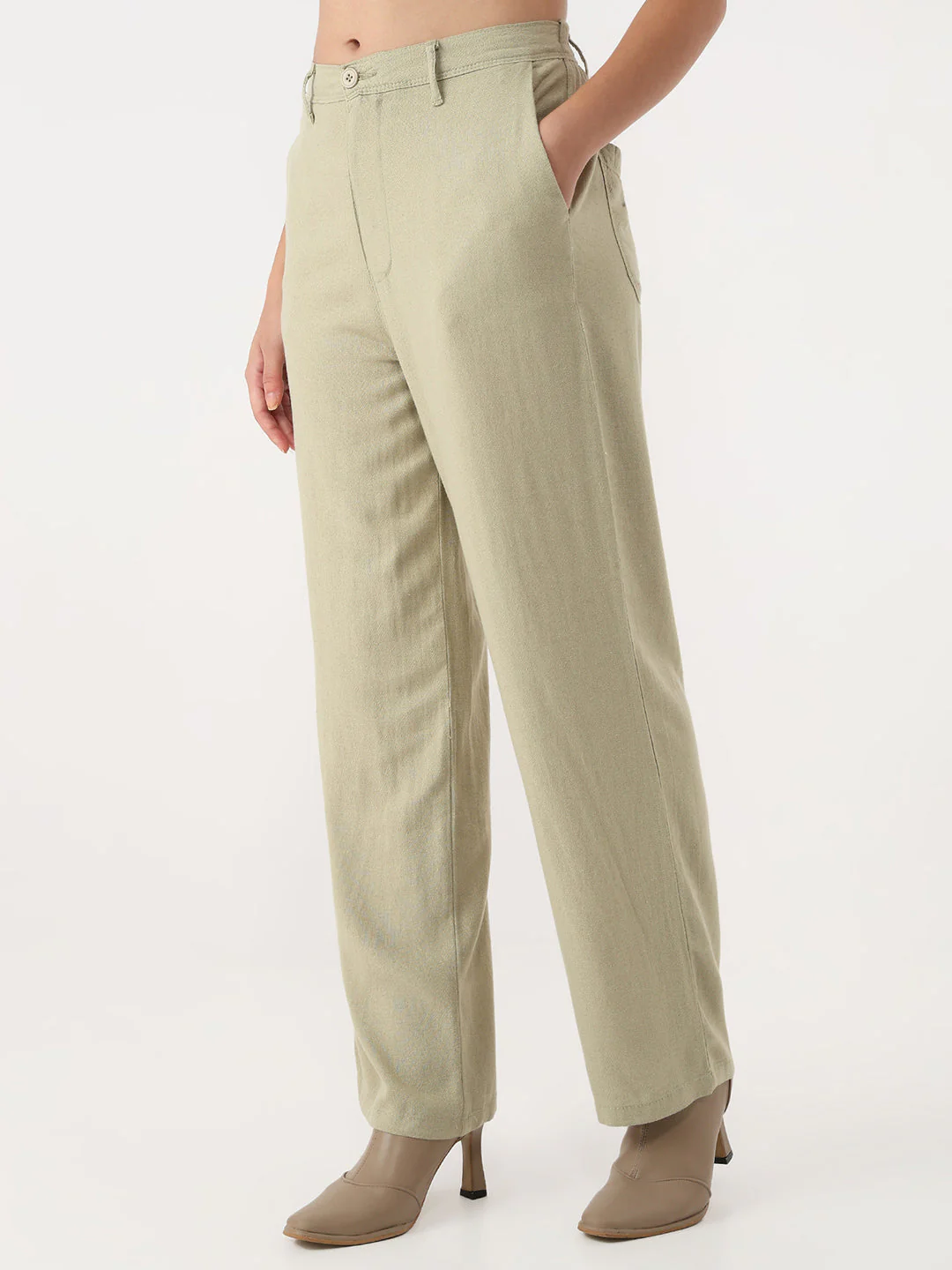 Women Light Olive Loose Straight Korean Pants - Image 6