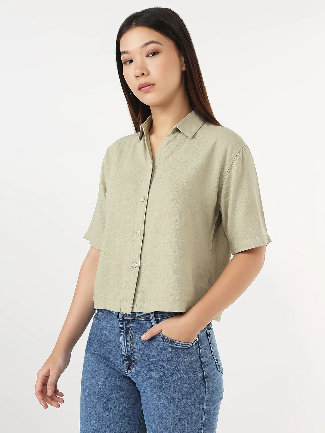 Women Light Olive Slim Crop Shirt - Image 4