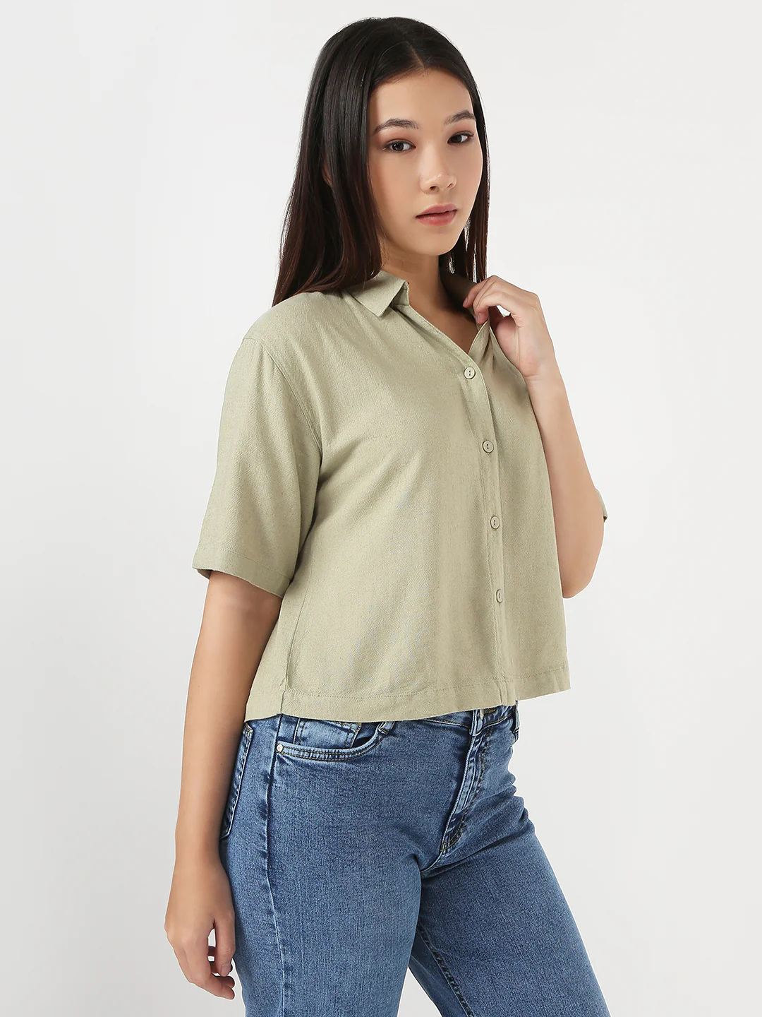 Women Light Olive Slim Crop Shirt - Image 5