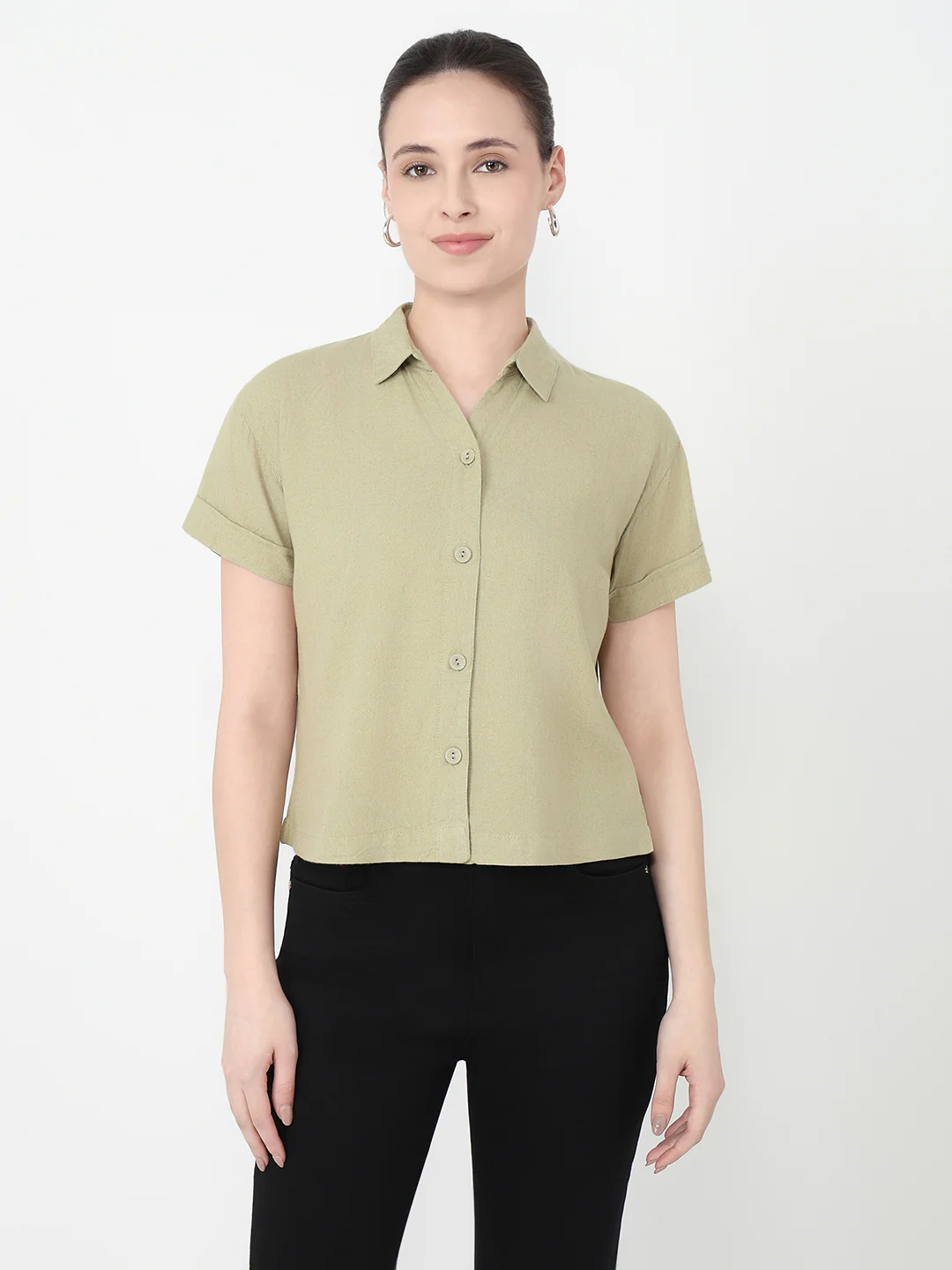 Women Light Olive Slim Fit Crop Shirt - Image 2