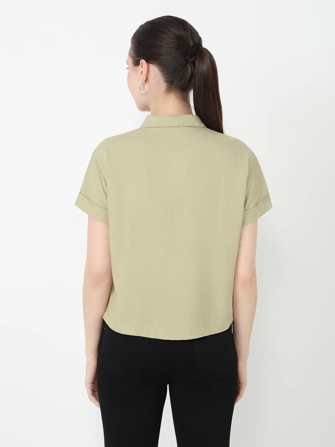 Women Light Olive Slim Fit Crop Shirt - Image 3