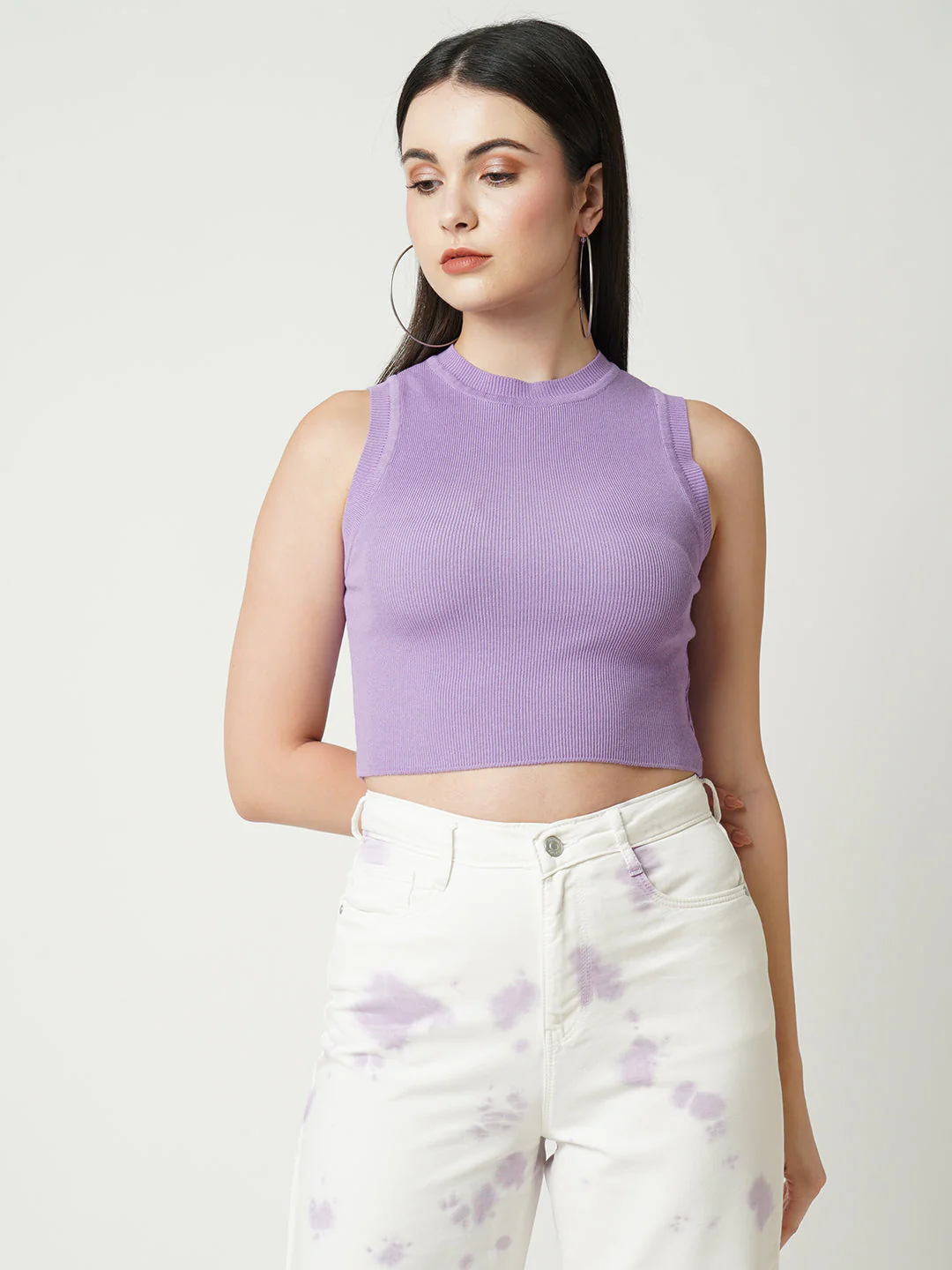 Women Lilac Crop Rib Flat Knit Top