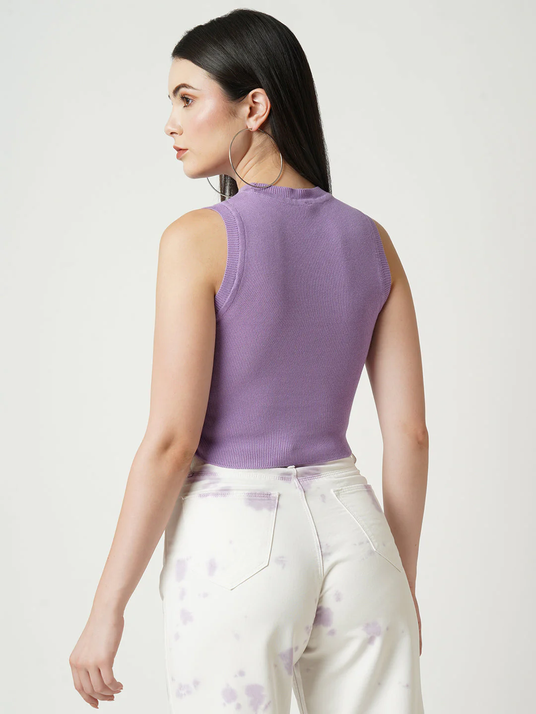 Women Lilac Crop Rib Flat Knit Top - Image 3