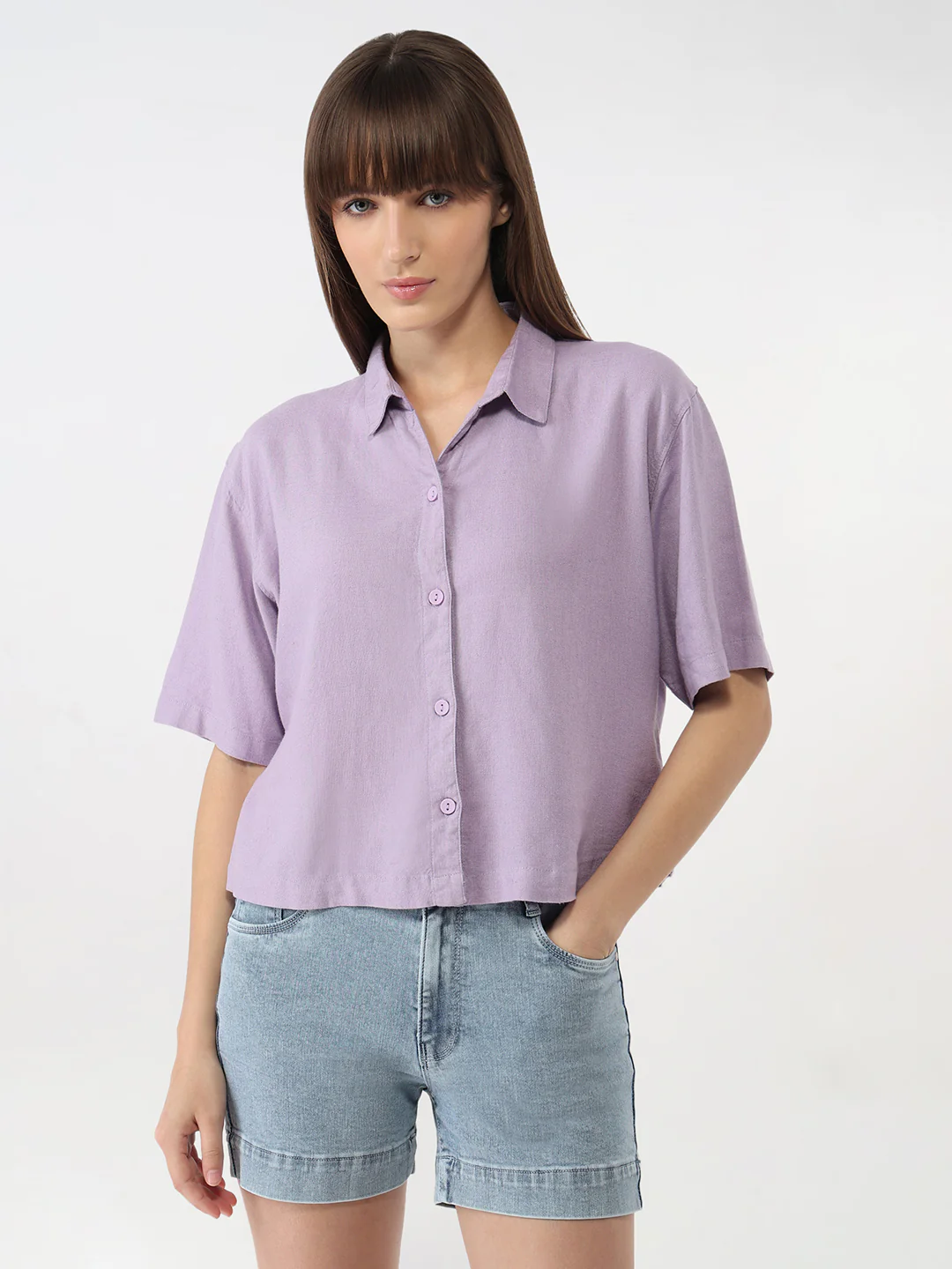 Women Lilac Slim Crop Shirt - Image 2