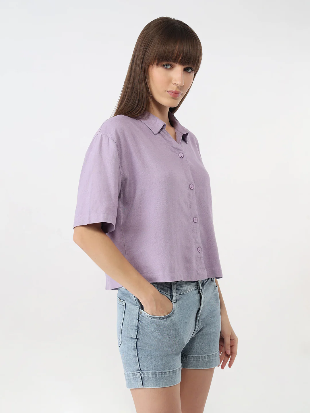 Women Lilac Slim Crop Shirt - Image 5