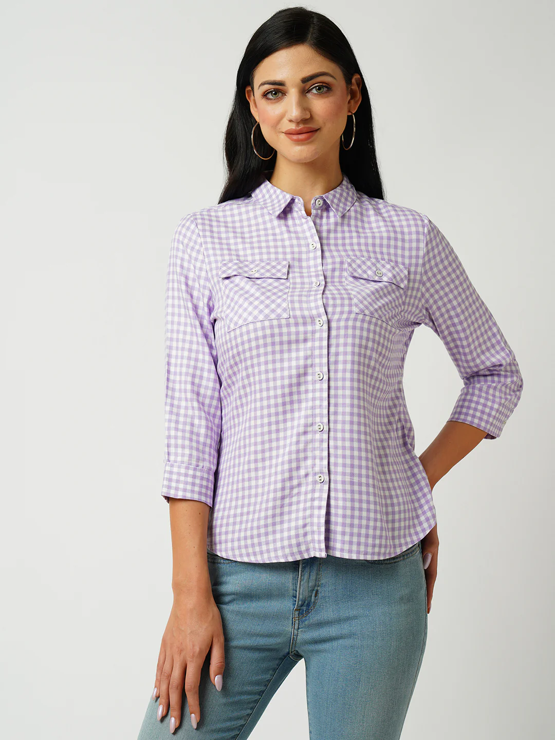 Women Lilac-White Slim Shirt