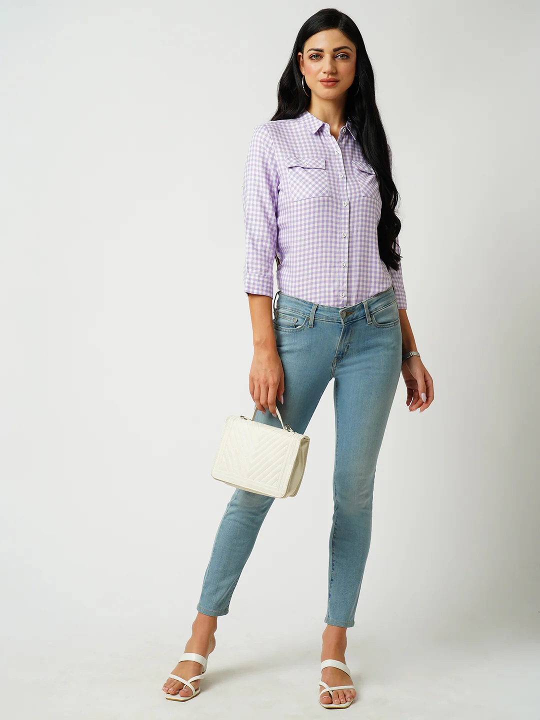 Women Lilac-White Slim Shirt - Image 2