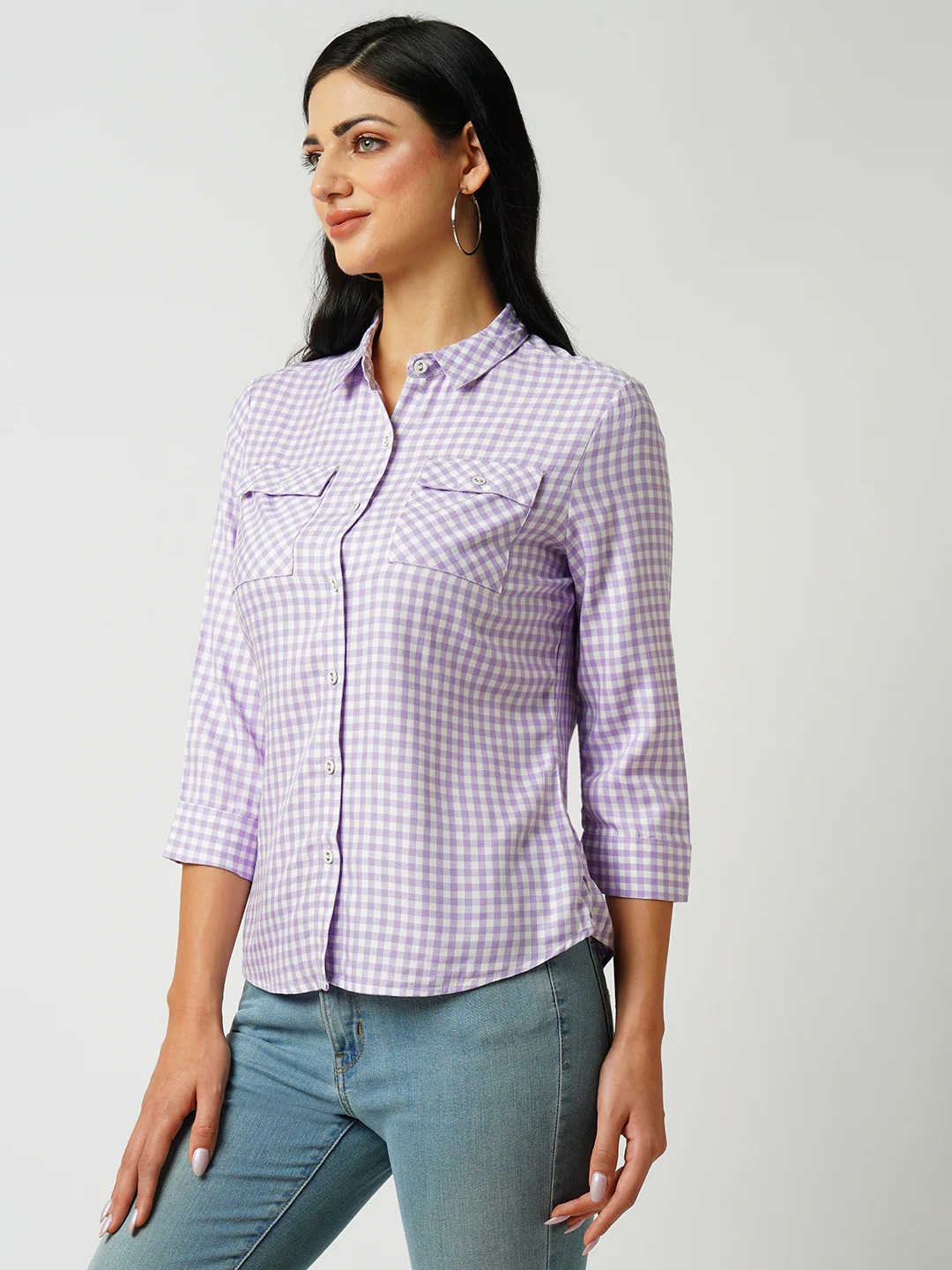 Women Lilac-White Slim Shirt - Image 4
