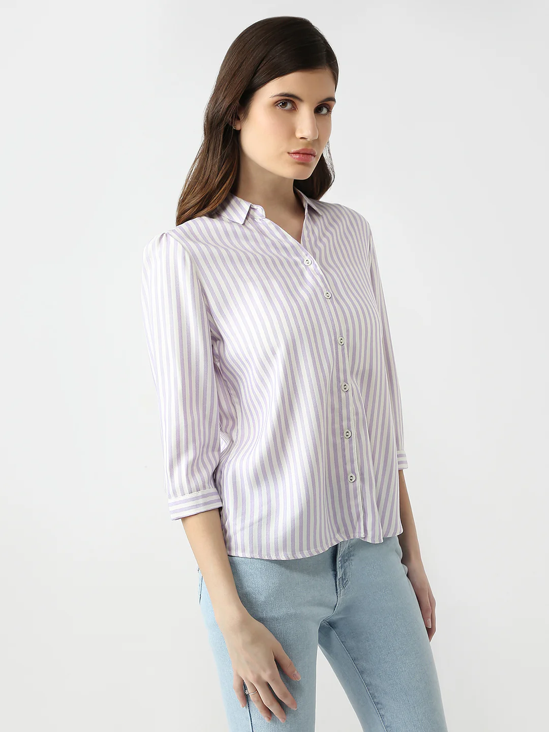 Women Lilac/White Stripe Shirt - Image 5
