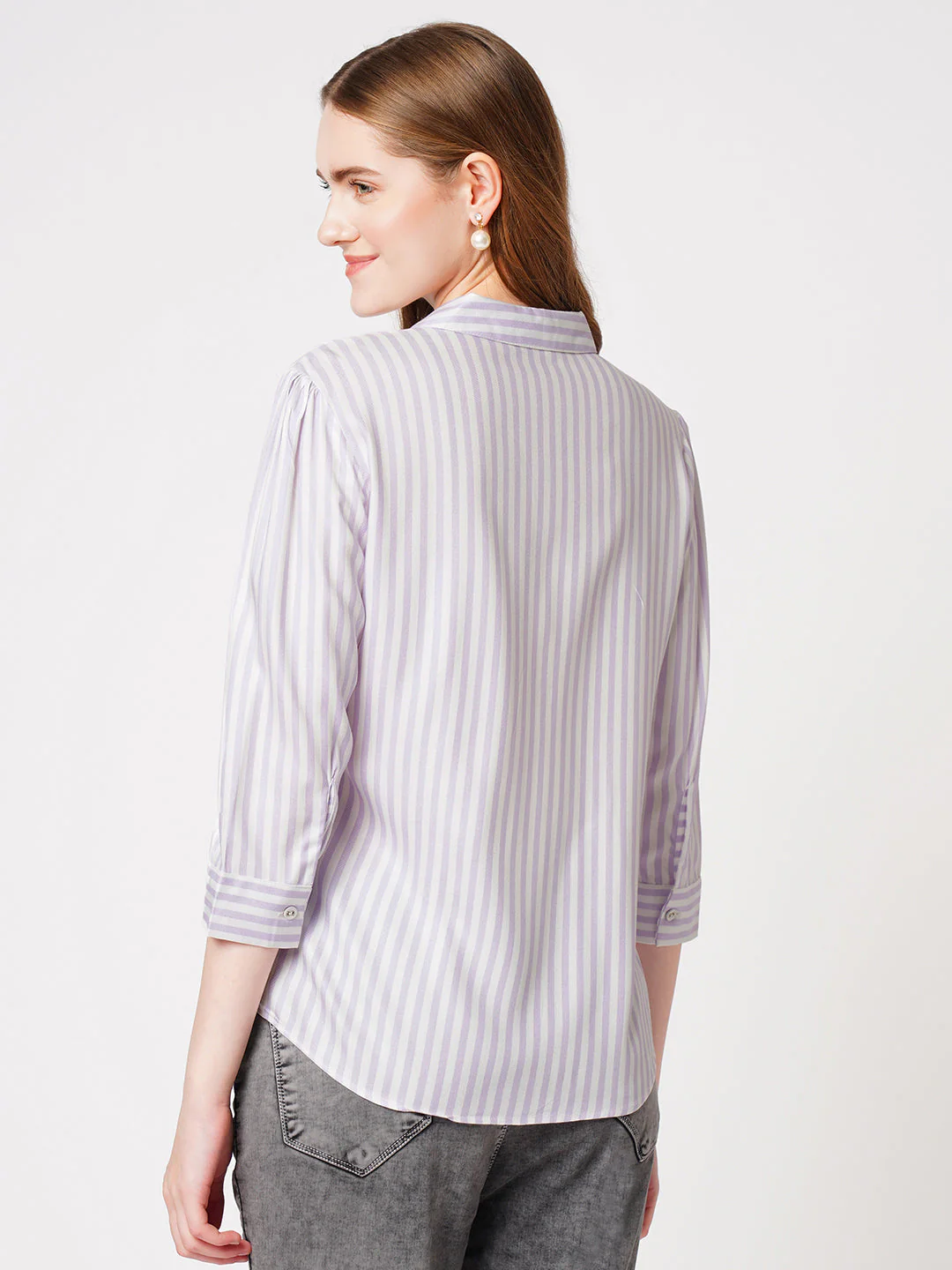 Women Lilac/White Striped Shirt - Image 3