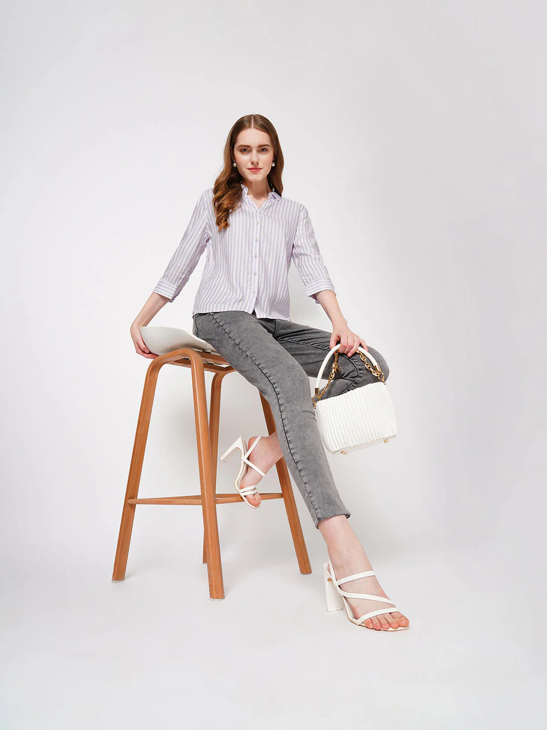 Women Lilac/White Striped Shirt - Image 4