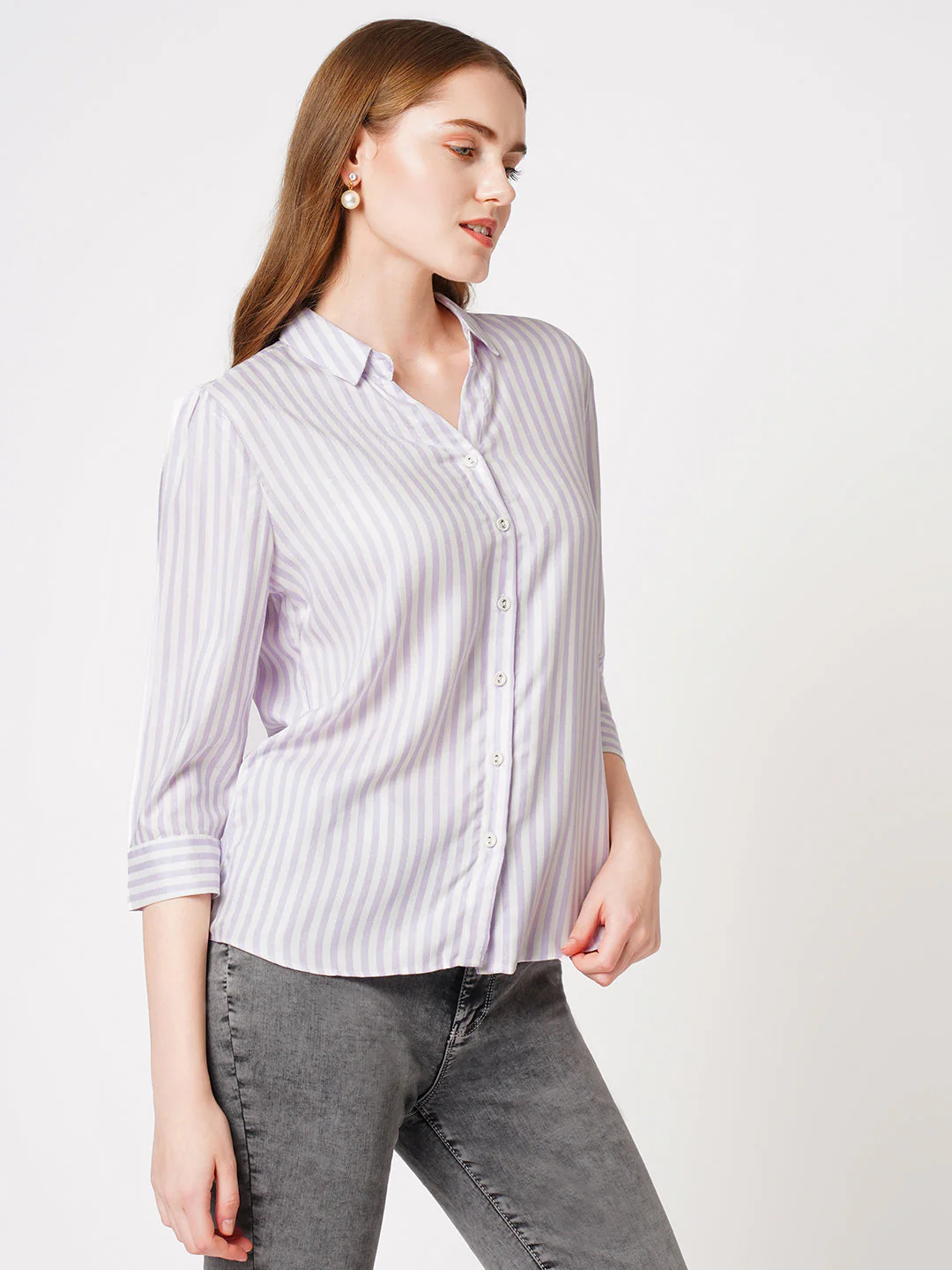 Women Lilac/White Striped Shirt - Image 5