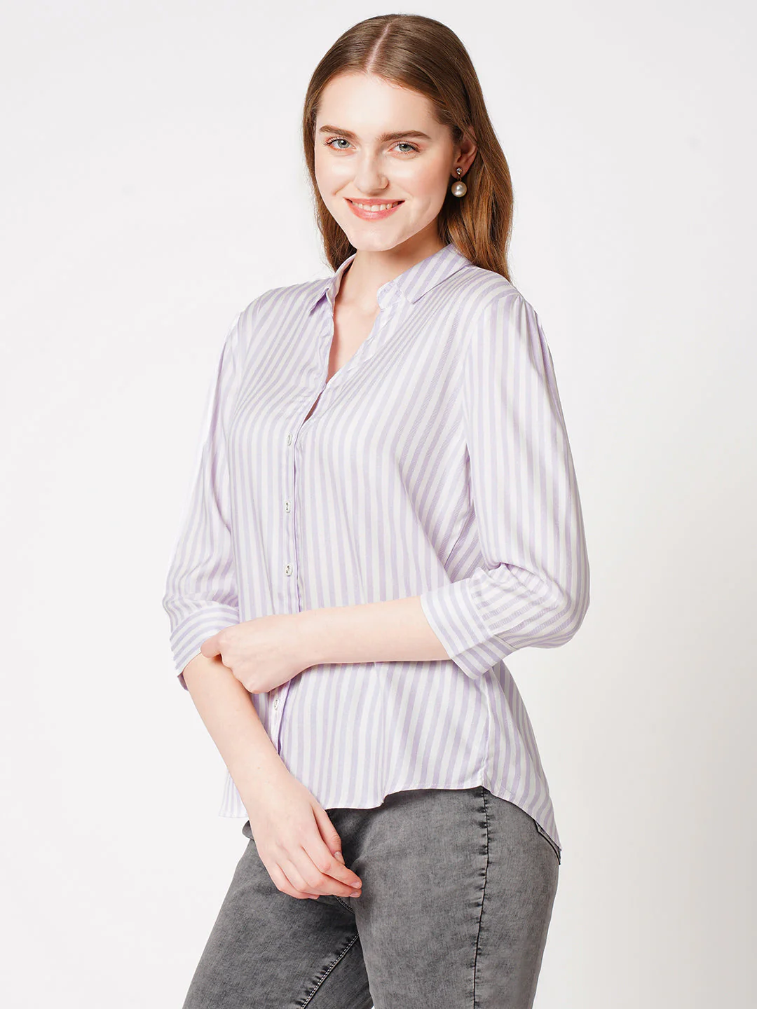 Women Lilac/White Striped Shirt - Image 6