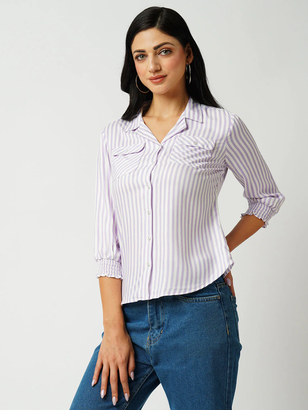 Women Lilac & White Striped Slim Shirt - Image 5