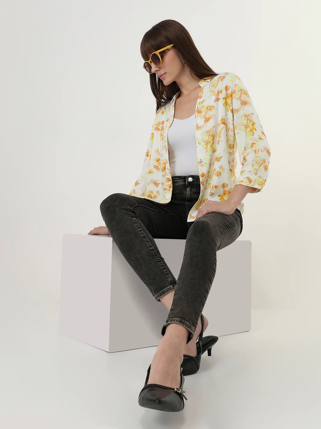 Women Lime Floral Slim Fit Shirt