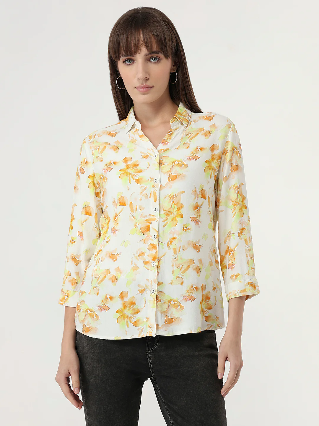 Women Lime Floral Slim Fit Shirt - Image 2