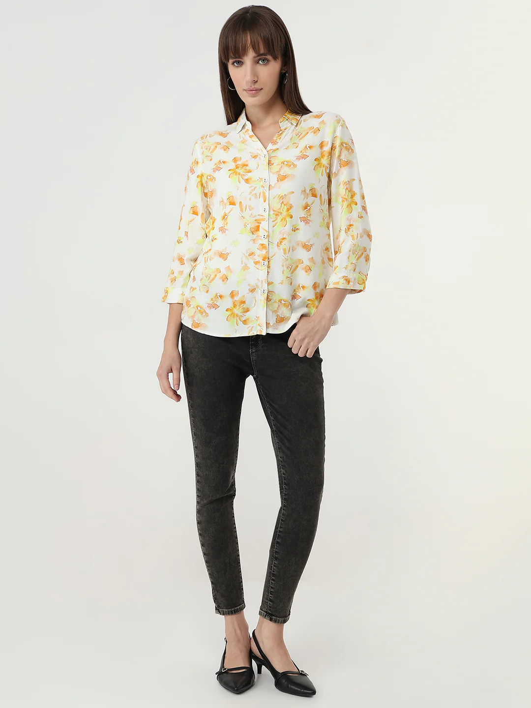 Women Lime Floral Slim Fit Shirt - Image 4