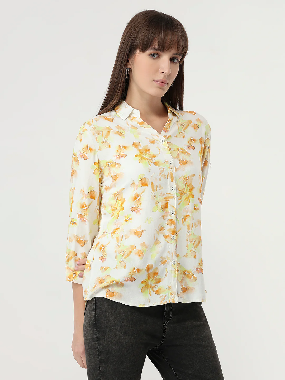 Women Lime Floral Slim Fit Shirt - Image 5