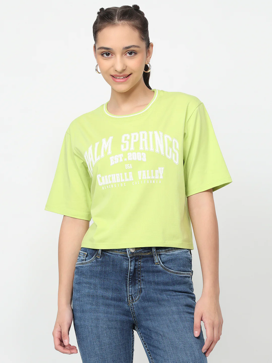 Women Lime Graphic Crop Tees - Image 2