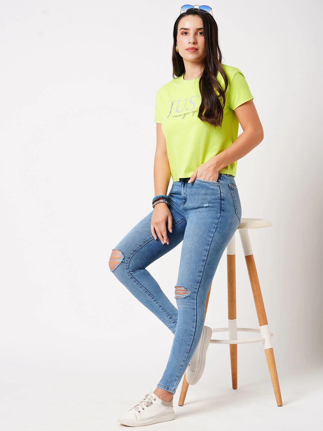 Women Lime Printed Slim T-Shirt - Image 4