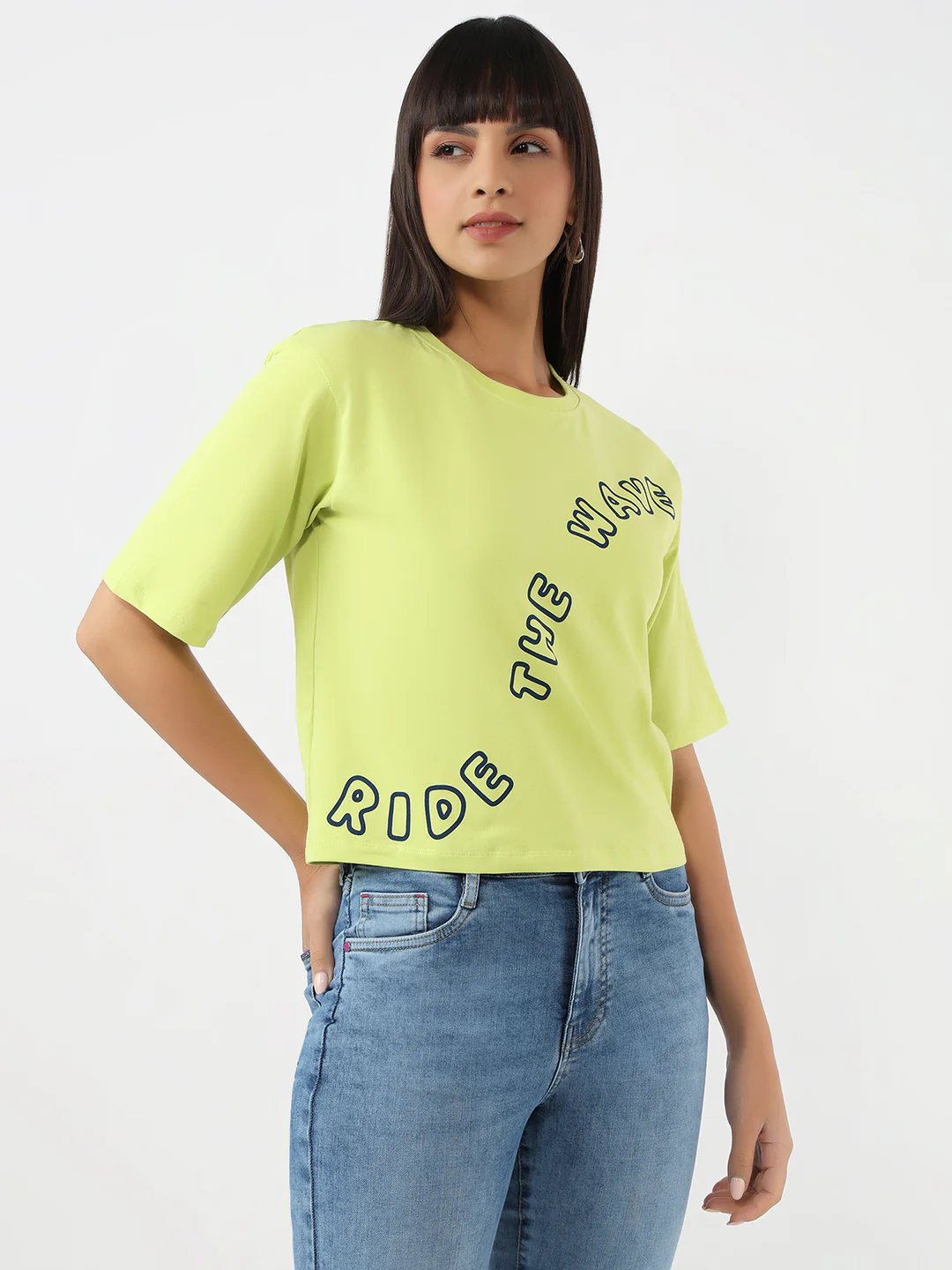 Women Lime Slim Crop Graphic T-Shirt - Image 5