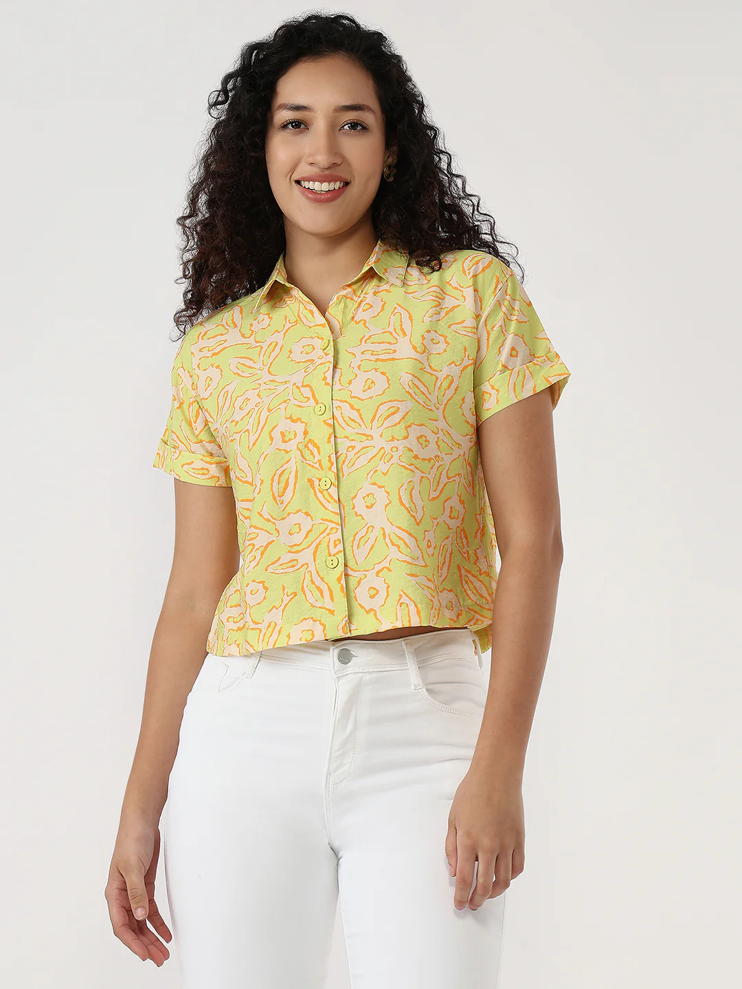 Women Lime Slim Crop Shirt - Image 2