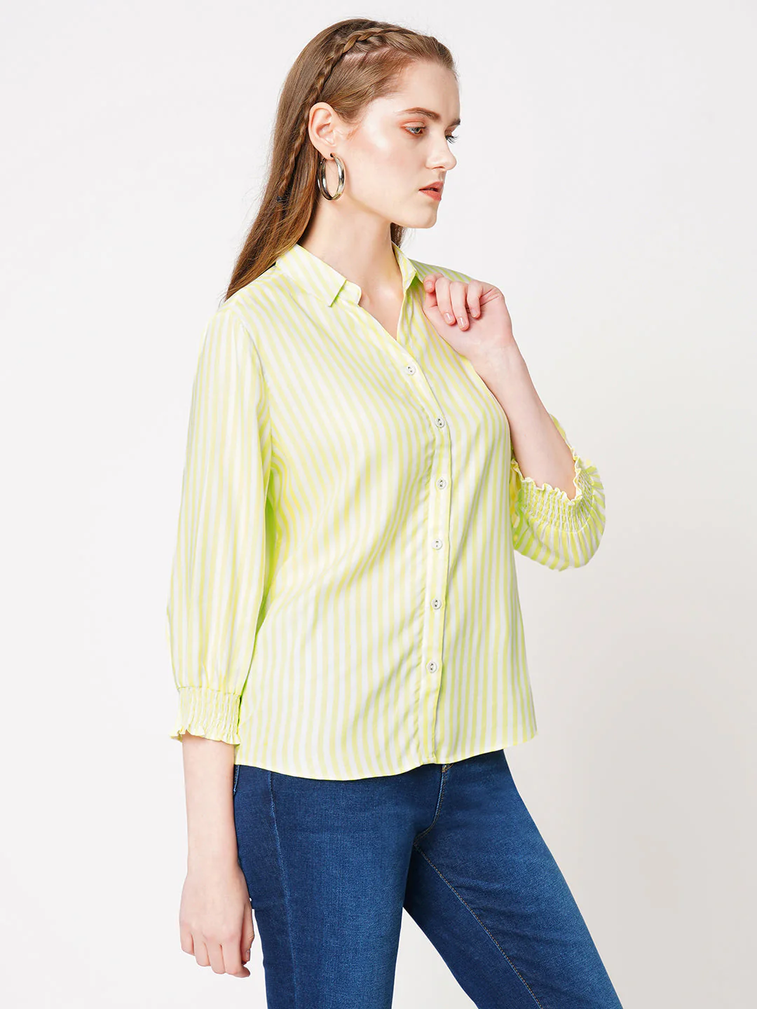 Women Lime & White Striped Shirt - Image 5