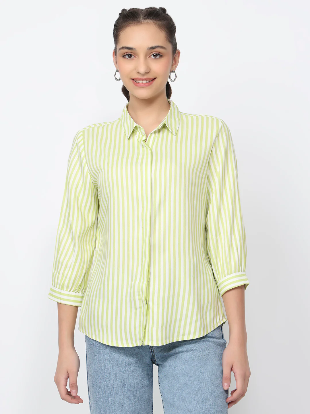 Women Lime/White Striped Shirts - Image 2