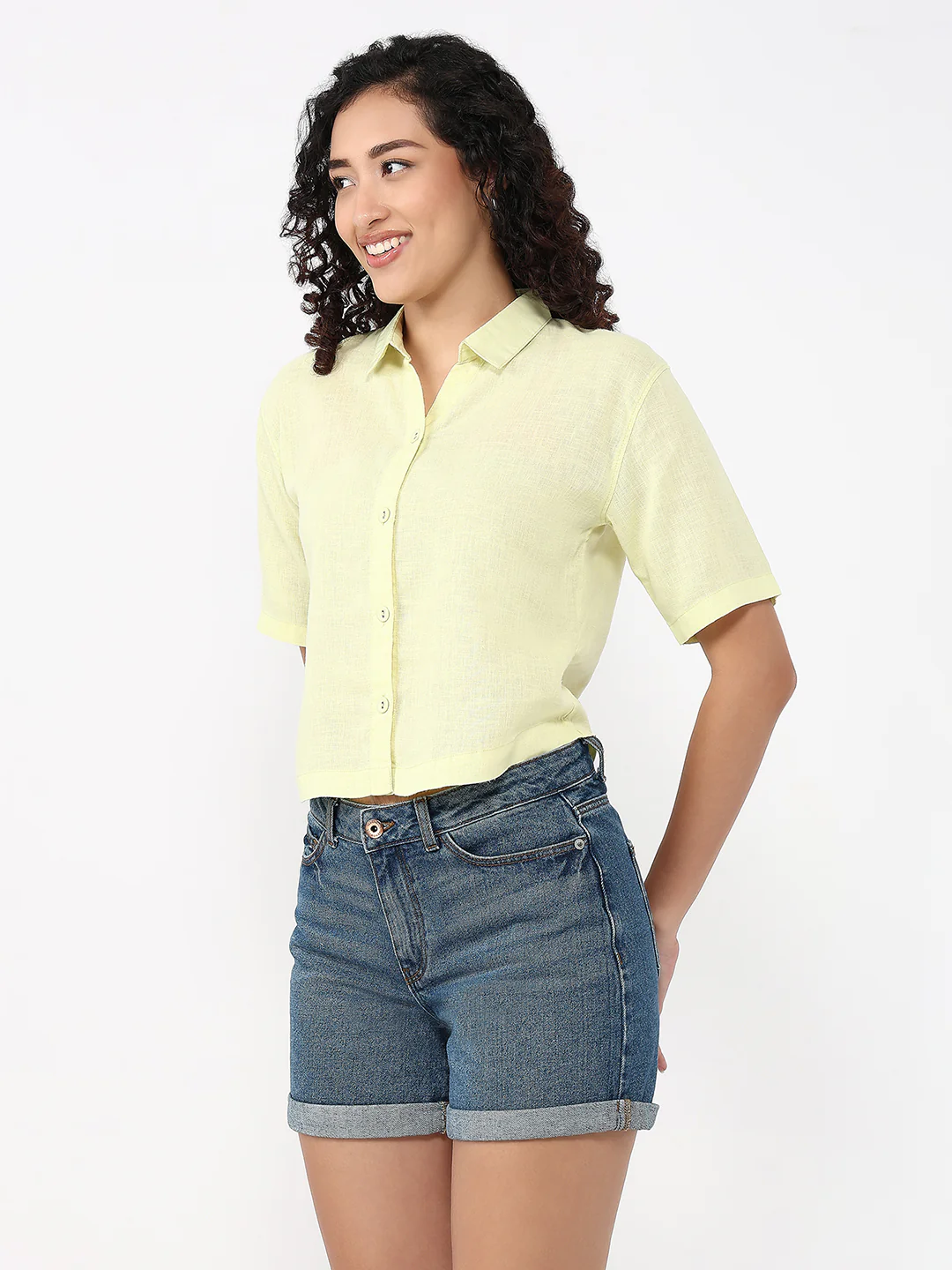 Women Luminary Green Slim Fit Crop Shirt - Image 4